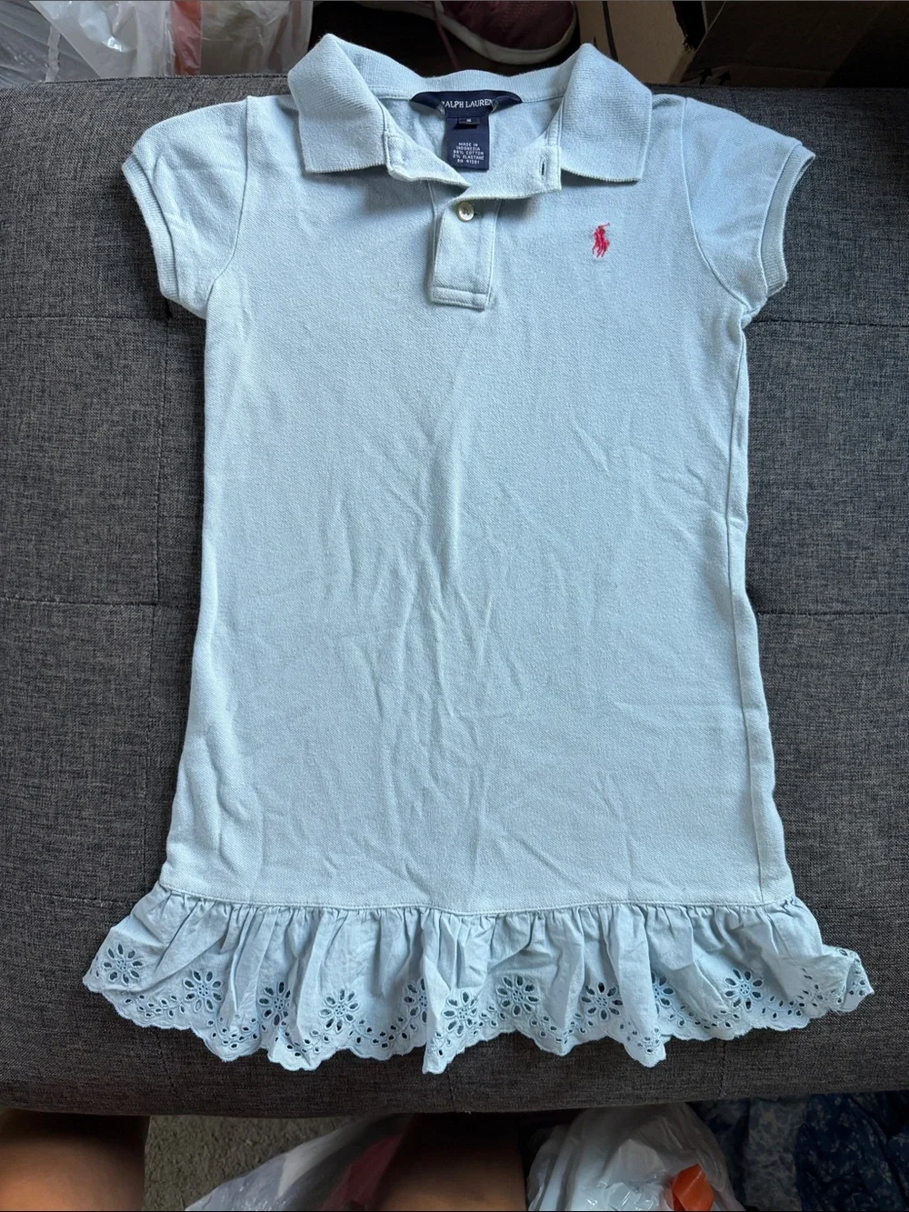 Ralph Lauren Light Blue Girls' Polo Dress with Eyelet Ruffle